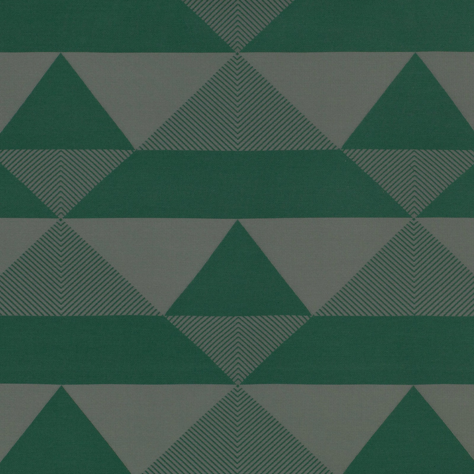 Forest-green geometric fabric with grey triangles and fine diagonal-striped diamond motifs
