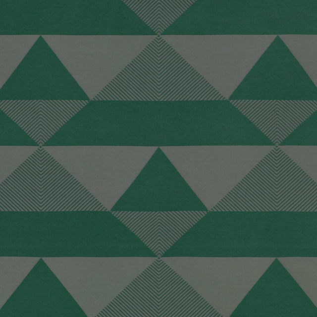 Forest-green geometric fabric with grey triangles and fine diagonal-striped diamond motifs