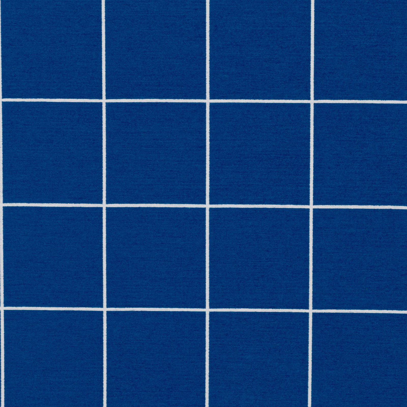 Deep cobalt woven fabric with crisp cream square grid and subtle horizontal texture