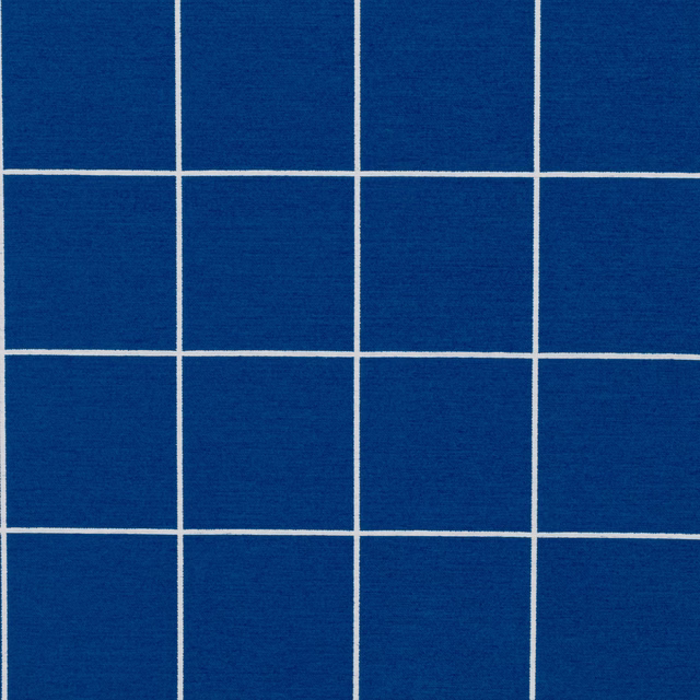 Deep cobalt woven fabric with crisp cream square grid and subtle horizontal texture