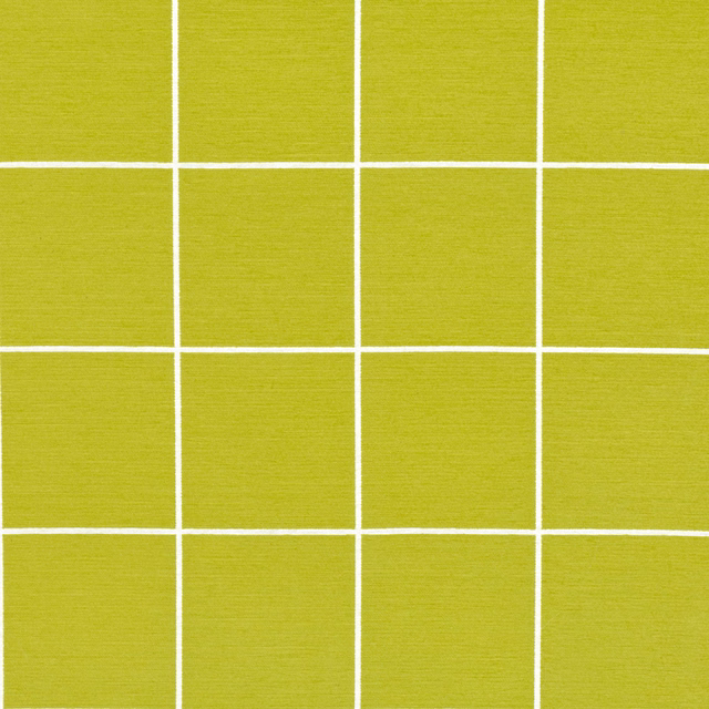 Yellowed lime-green woven ground with crisp white rectangular grid lines
