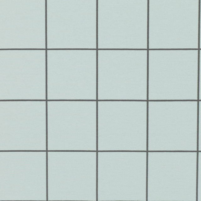 Pale aqua-blue fabric with charcoal-grey windowpane grid and fine woven texture