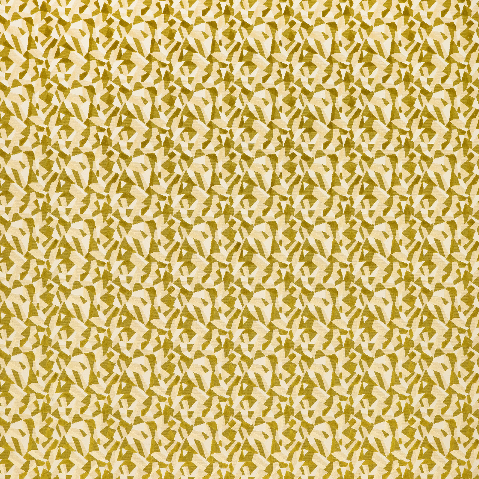 Cream textile with dense olive, ochre and mustard angular fern-like marks