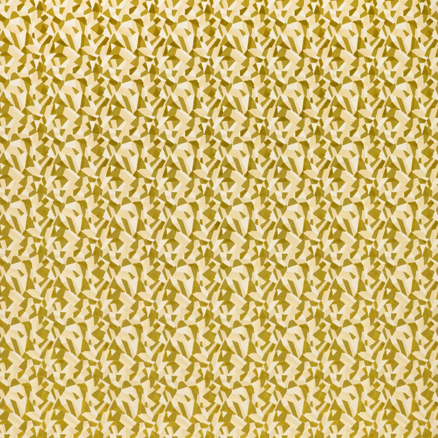 Cream textile with dense olive, ochre and mustard angular fern-like marks