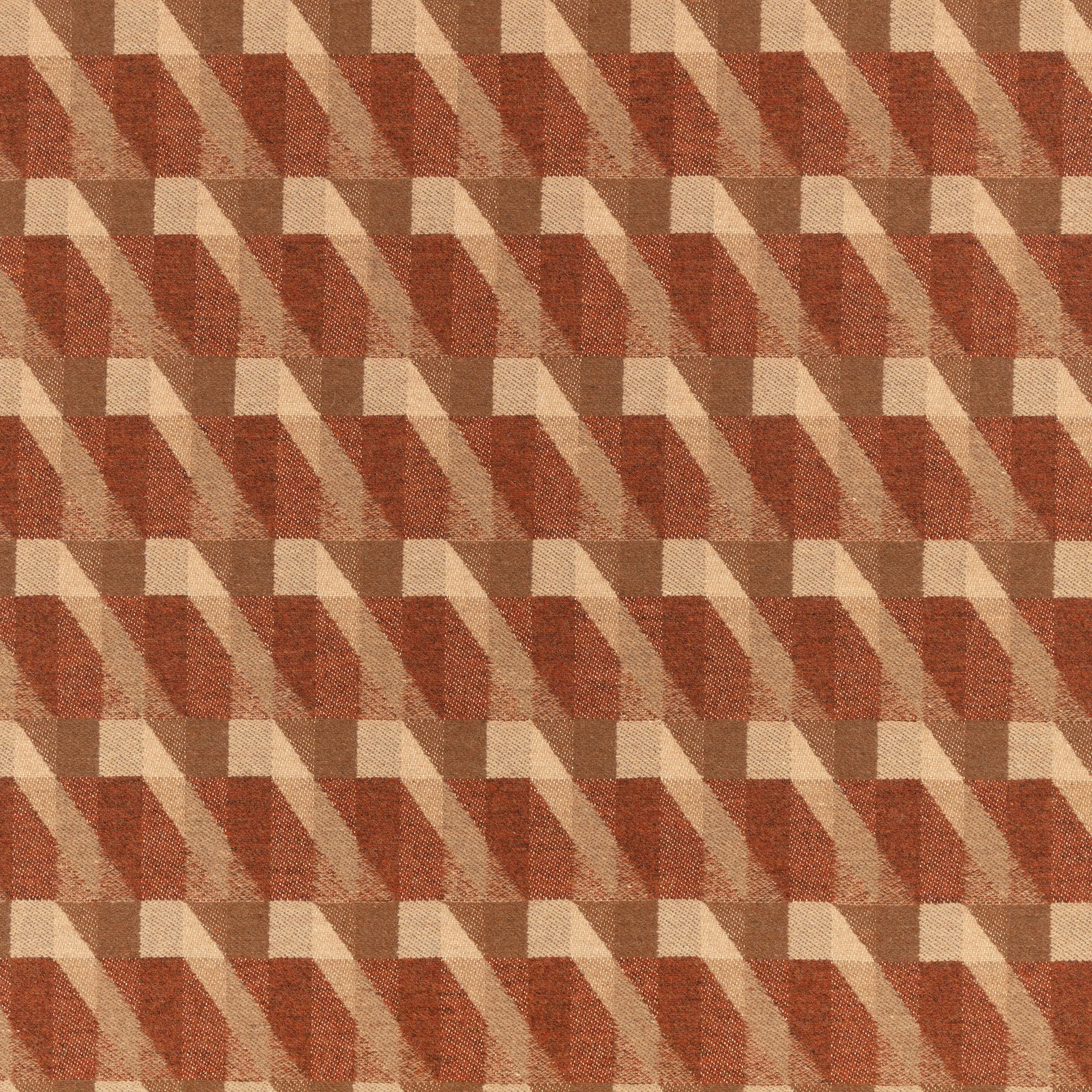 Russet, terracotta and cream woven fabric with stepped geometric bands and tactile texture