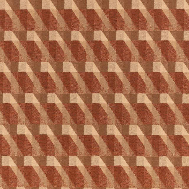Russet, terracotta and cream woven fabric with stepped geometric bands and tactile texture