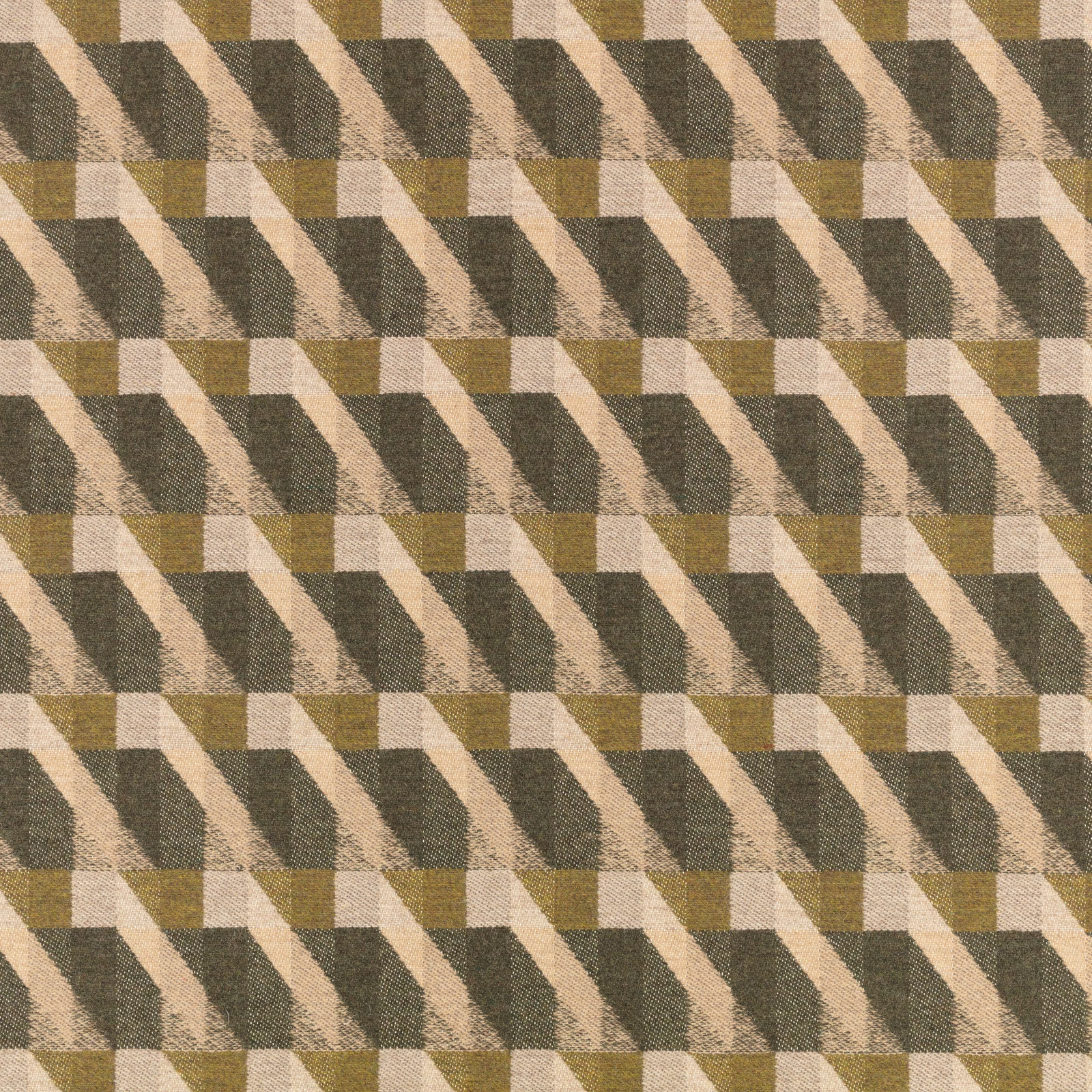 Olive, charcoal and beige geometric woven fabric with diagonal stepped checks
