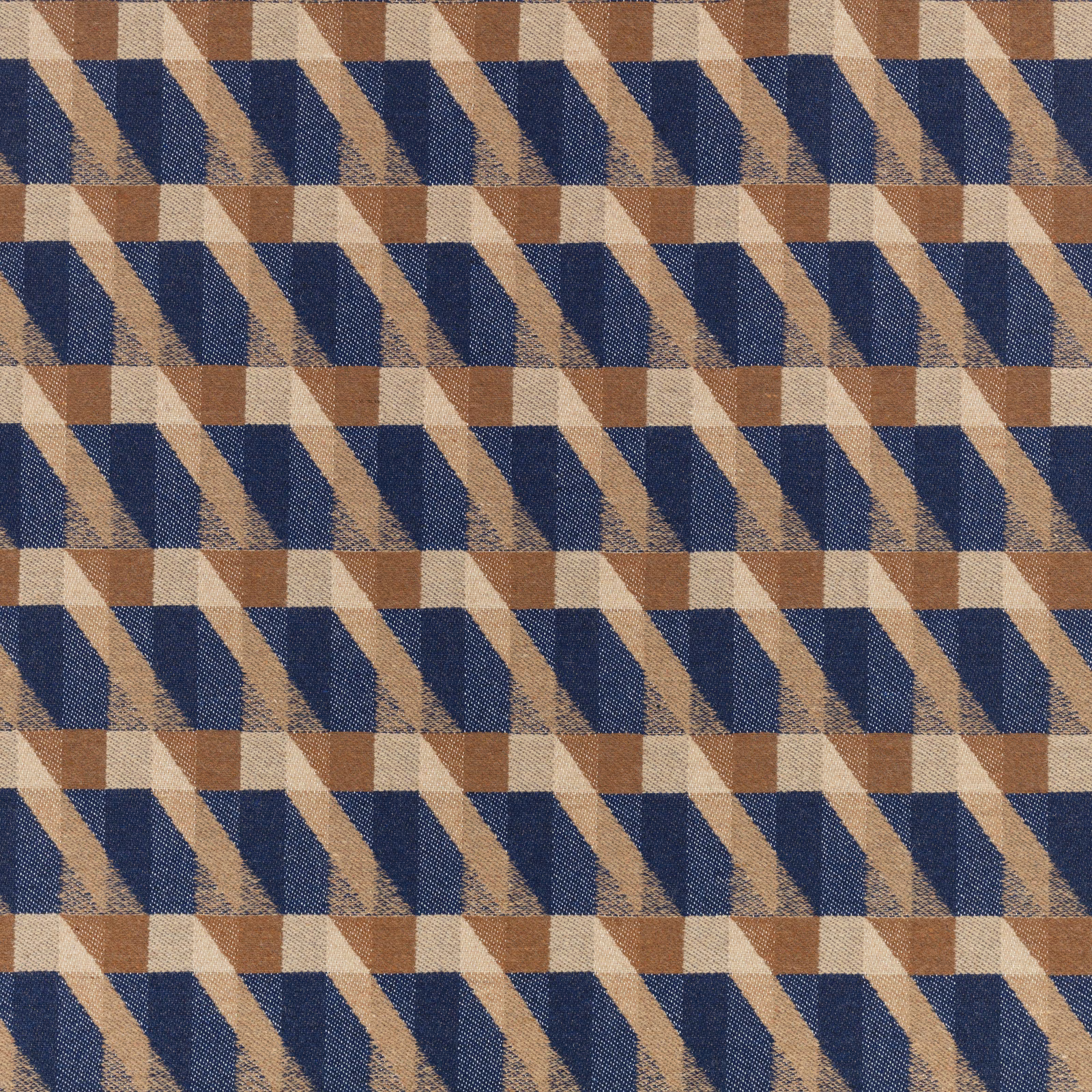 Navy, tan and cream geometric check with diagonal bands on a textured weave