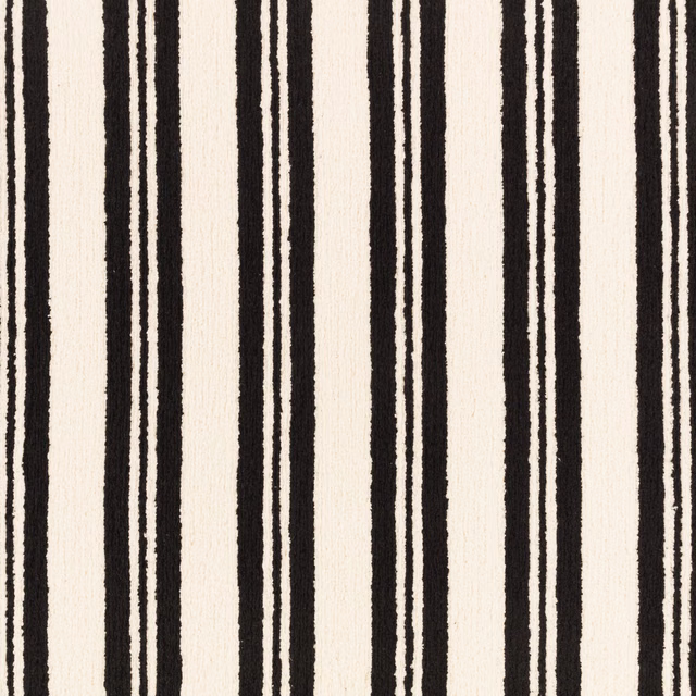 Black and ivory woven fabric with uneven vertical stripes and tactile texture