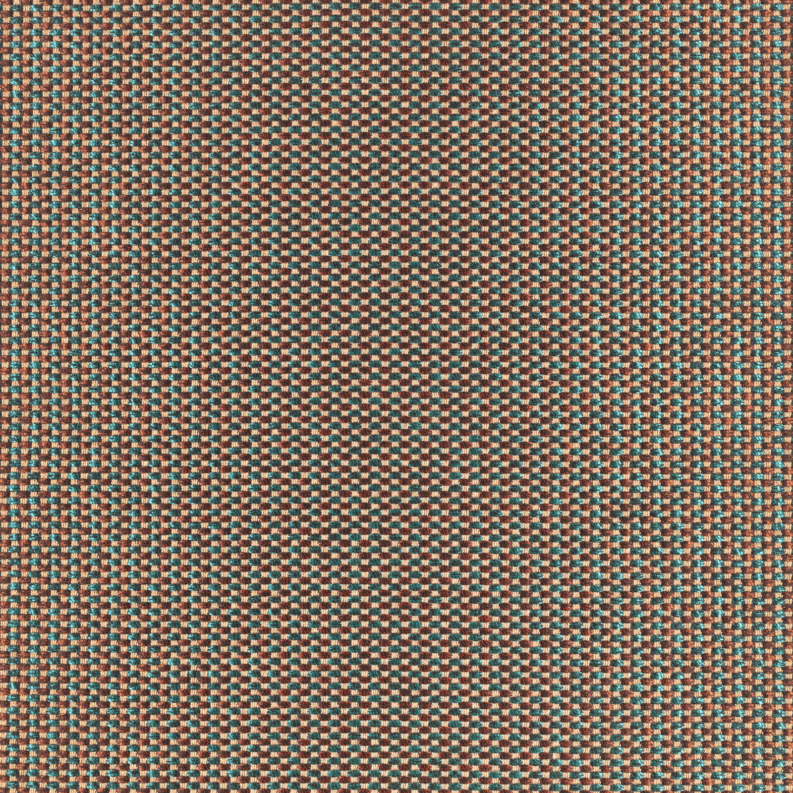 Close-up of muted teal and camel fabric with a small geometric woven texture