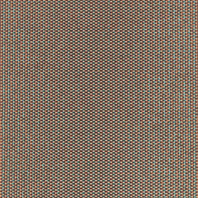 Close-up of muted teal and camel fabric with a small geometric woven texture