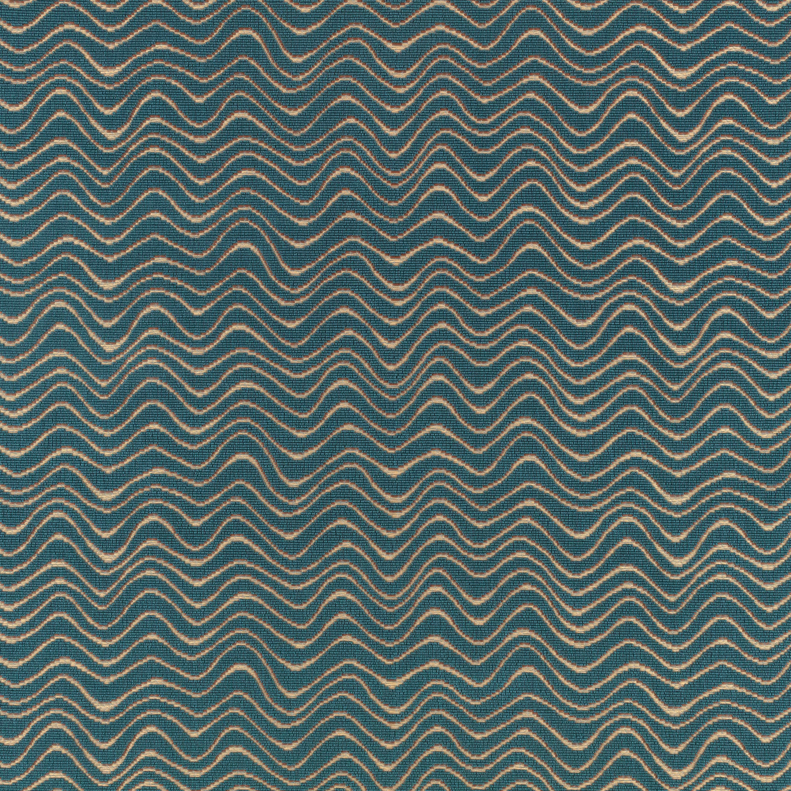 Deep teal woven fabric with closely spaced tan undulating lines
