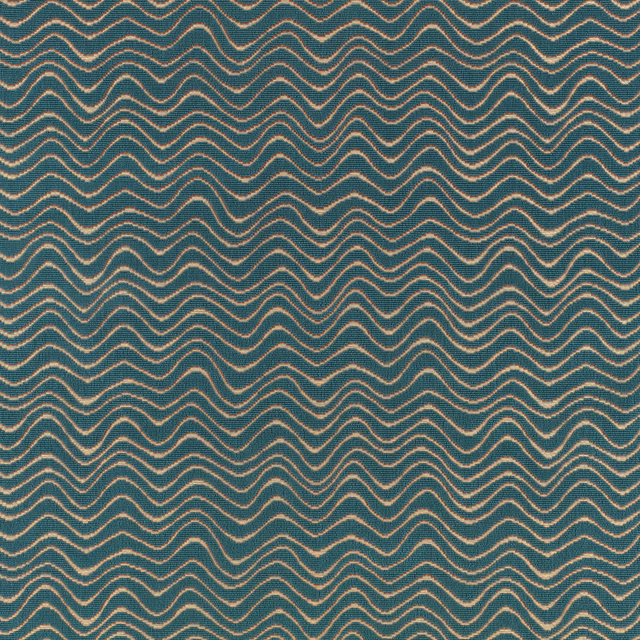 Deep teal woven fabric with closely spaced tan undulating lines