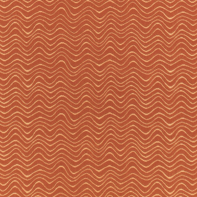 Warm terracotta fabric with fine ivory undulating lines and a softly textured woven surface