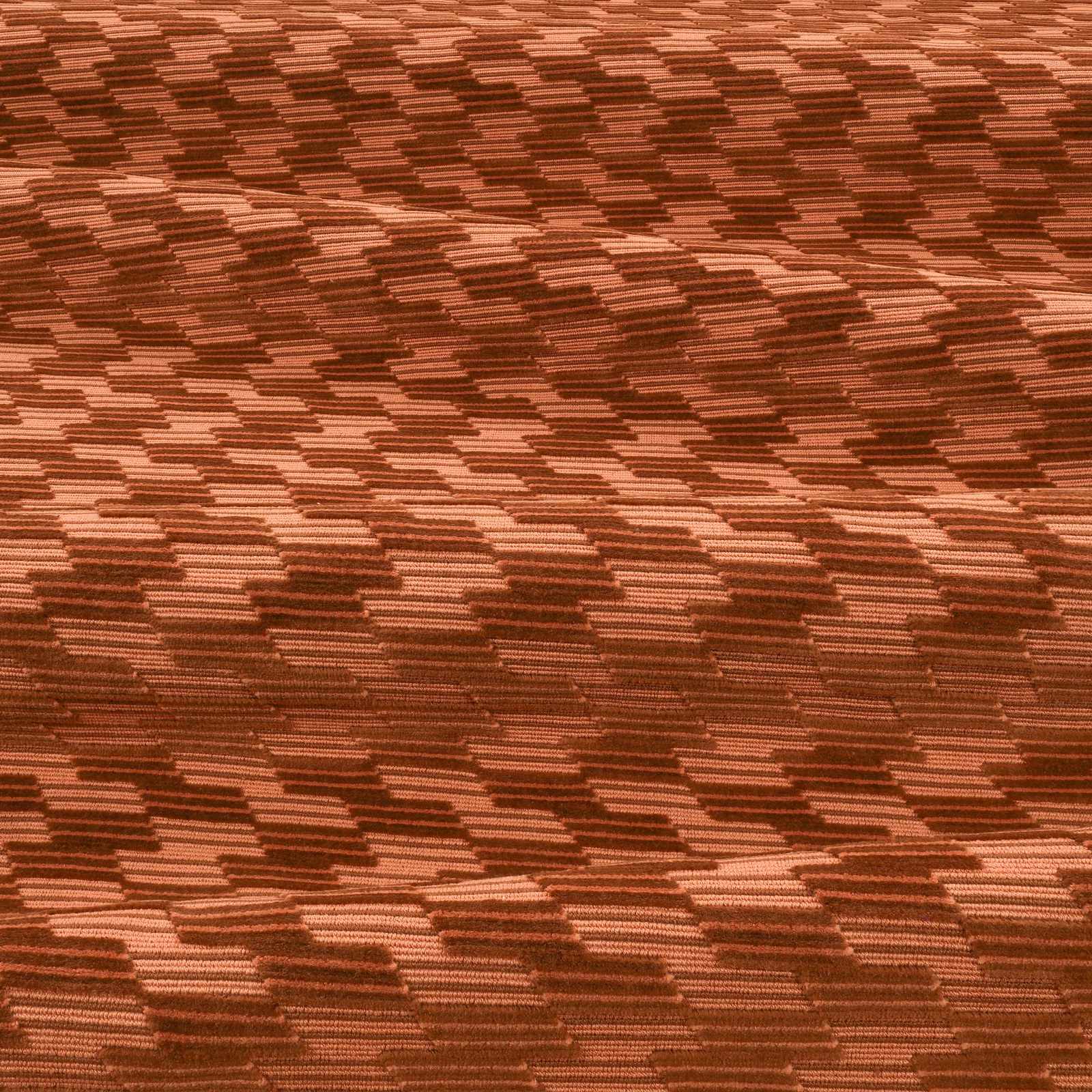 Warm clove-brown textile with broken russet stepped bands and fine horizontal ribs