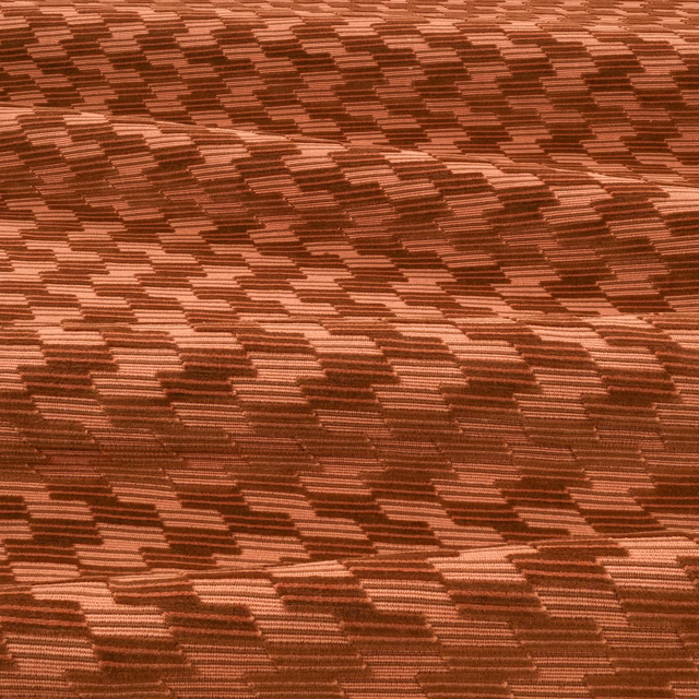 Warm clove-brown textile with broken russet stepped bands and fine horizontal ribs