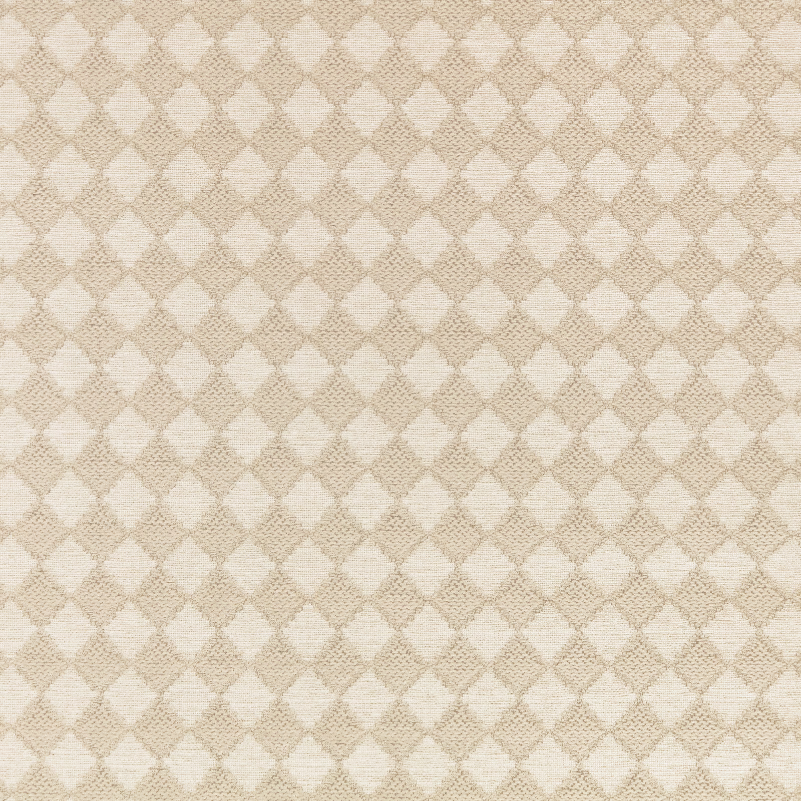 Warm flax-beige fabric with cream diamond motifs and a finely textured woven surface
