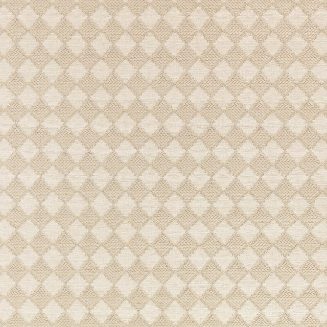 Warm flax-beige fabric with cream diamond motifs and a finely textured woven surface