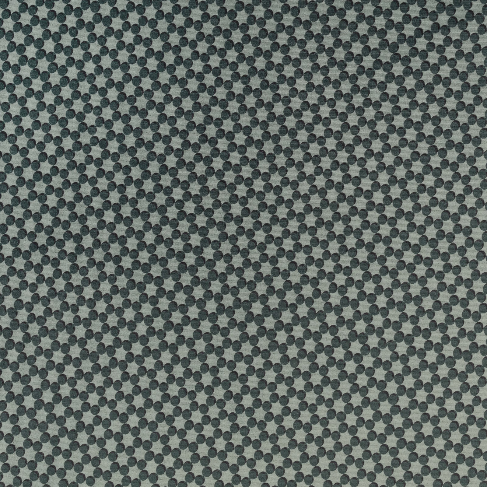 Muted mallard teal-grey weave with dense charcoal circular dot repeat