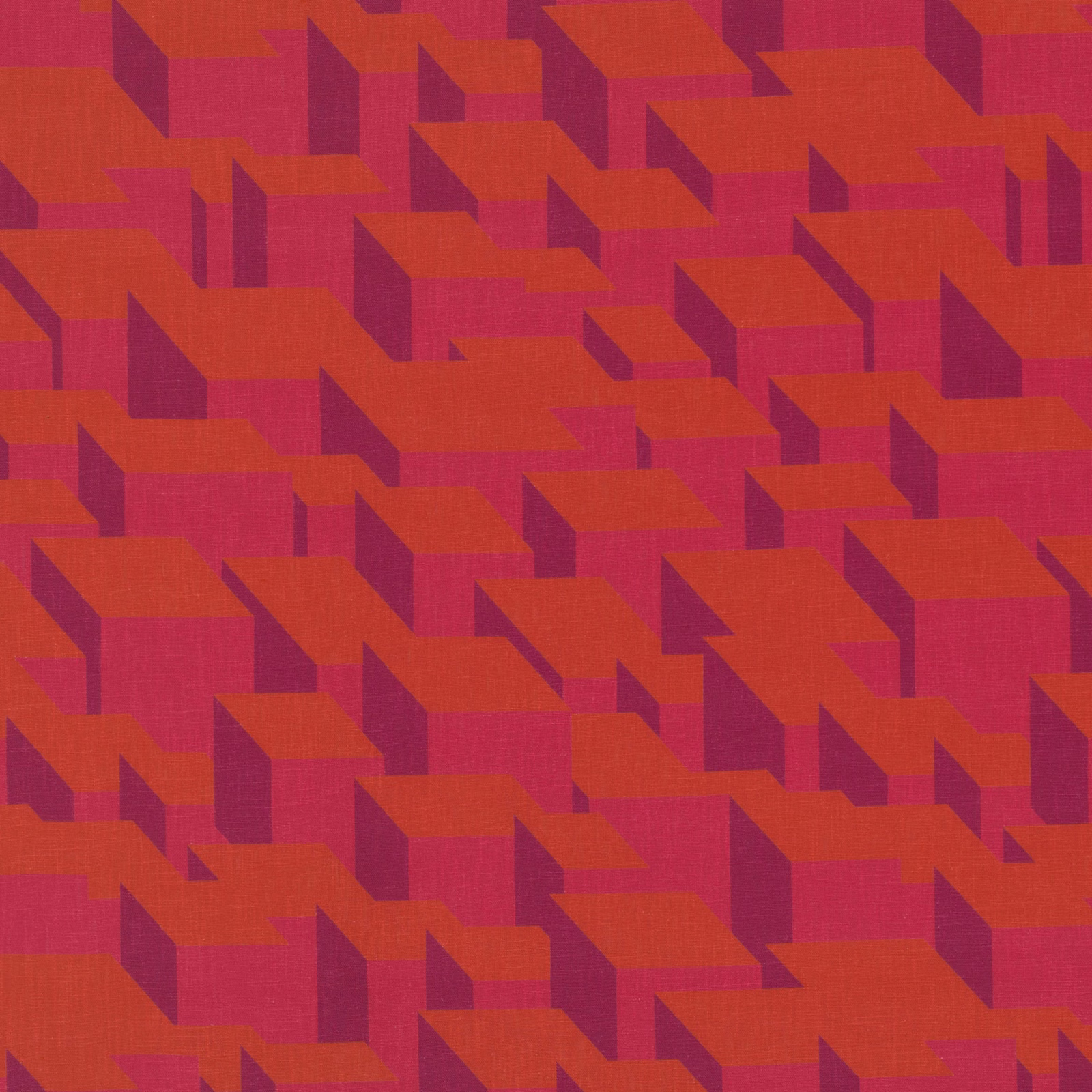 Lava red woven fabric with orange geometric blocks and deep plum shadows