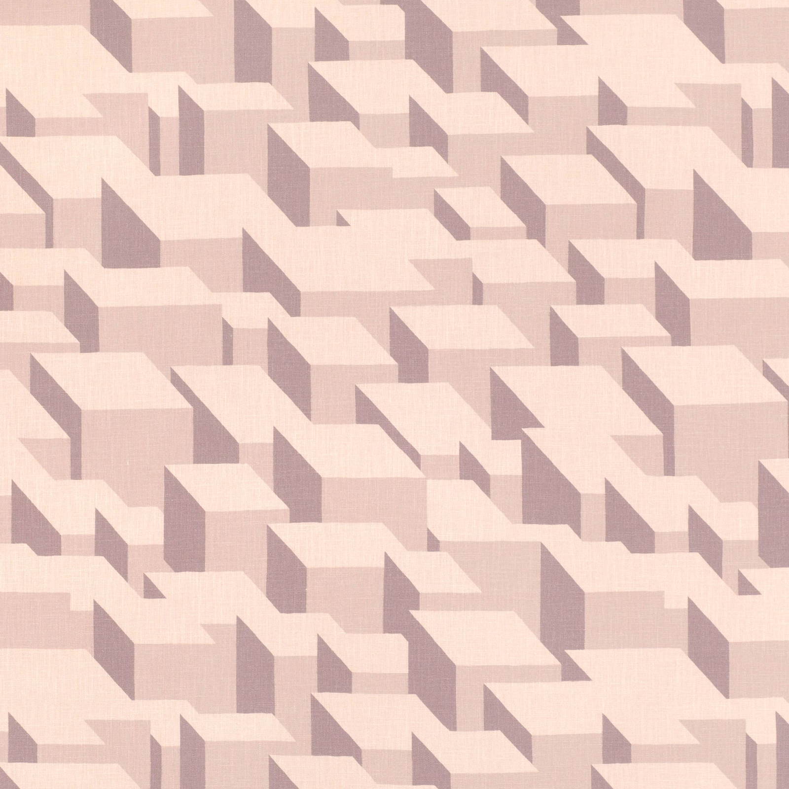 Powder-pink geometric cube blocks with soft mauve shaded sides on woven fabric