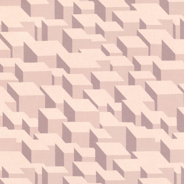 Powder-pink geometric cube blocks with soft mauve shaded sides on woven fabric