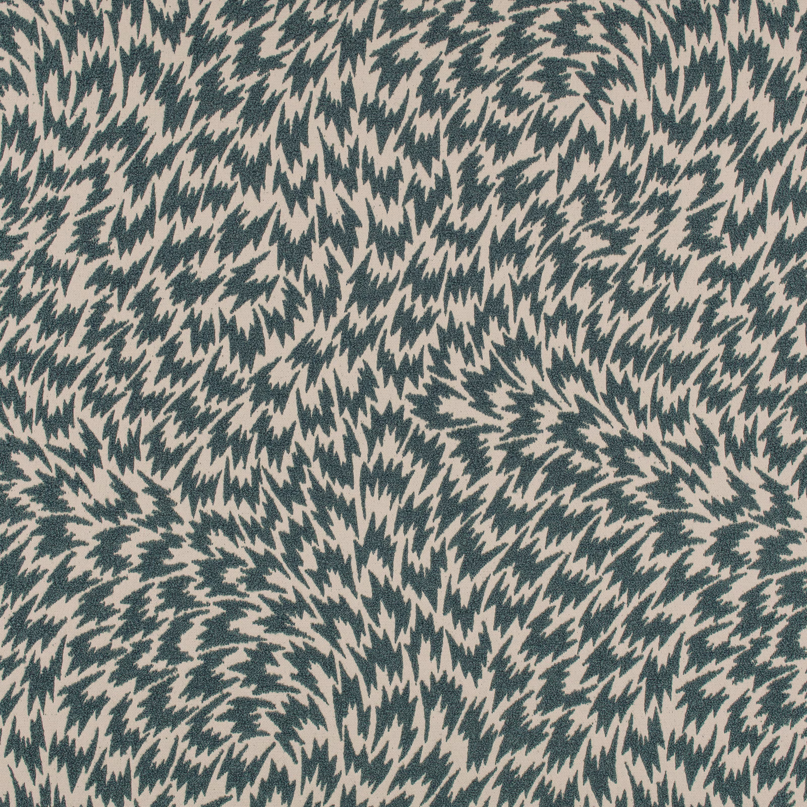 Pale sea foam textile with dense deep teal feather-like flashes in a swirling pattern