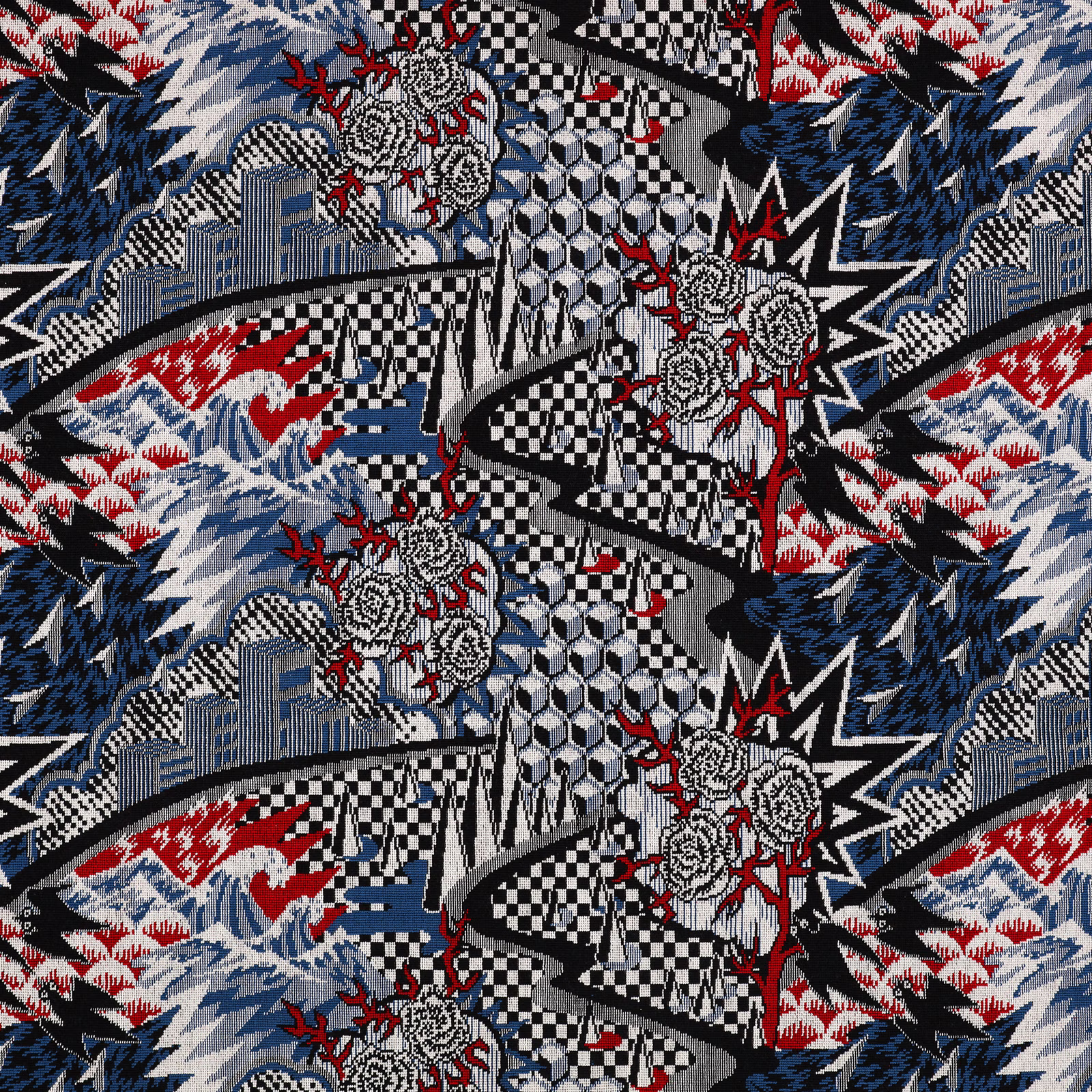 Navy, red, black and white woven fabric with checks, florals and angular comic motifs