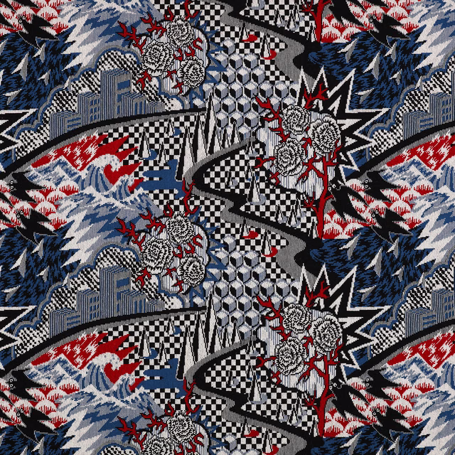 Navy, red, black and white woven fabric with checks, florals and angular comic motifs