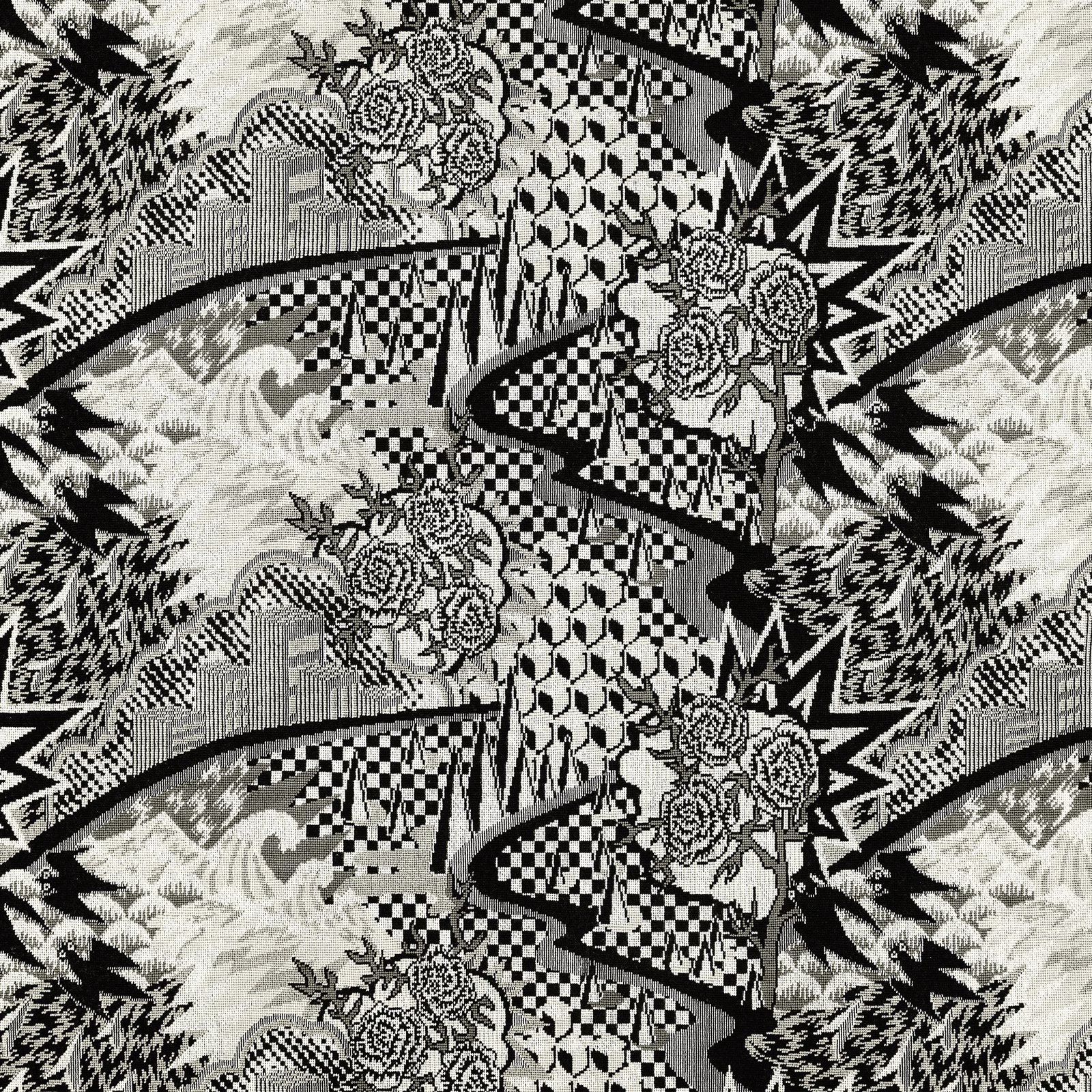 Black and white woven scene with roses, checkerboards, foliage and sweeping graphic bands