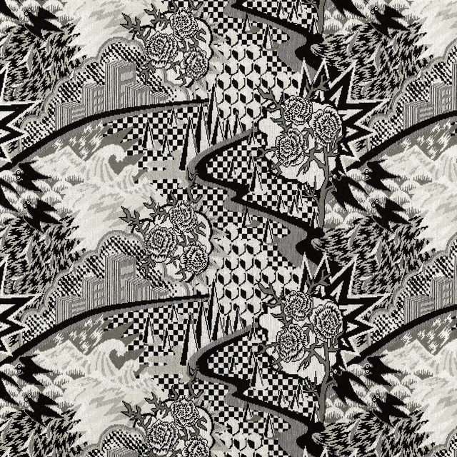 Black and white woven scene with roses, checkerboards, foliage and sweeping graphic bands