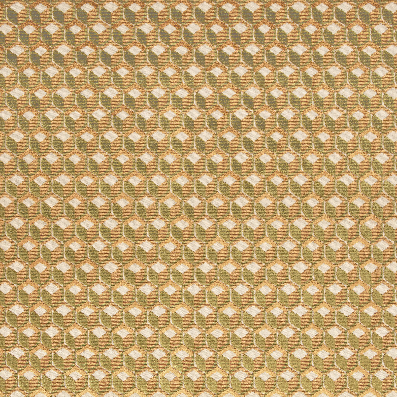 Muted copper and olive woven fabric with repeating cream diamond motifs