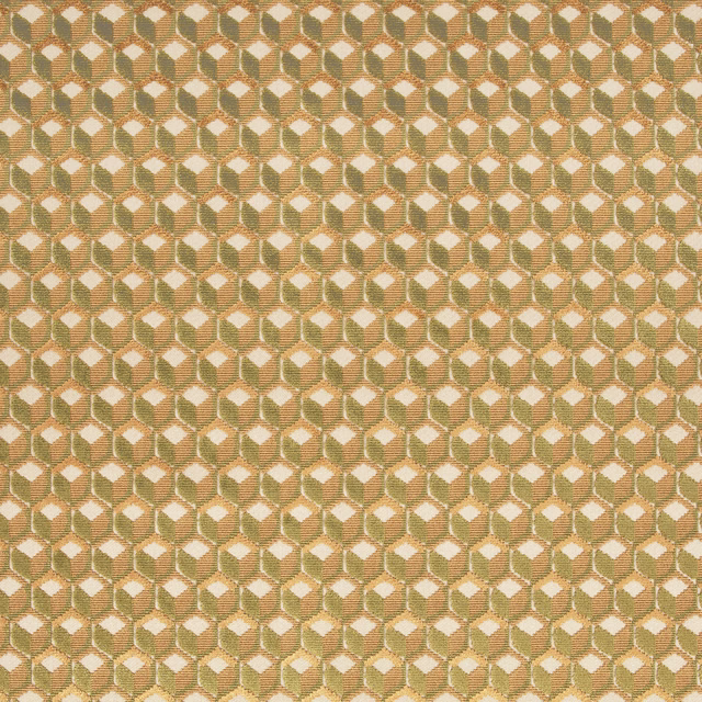 Muted copper and olive woven fabric with repeating cream diamond motifs