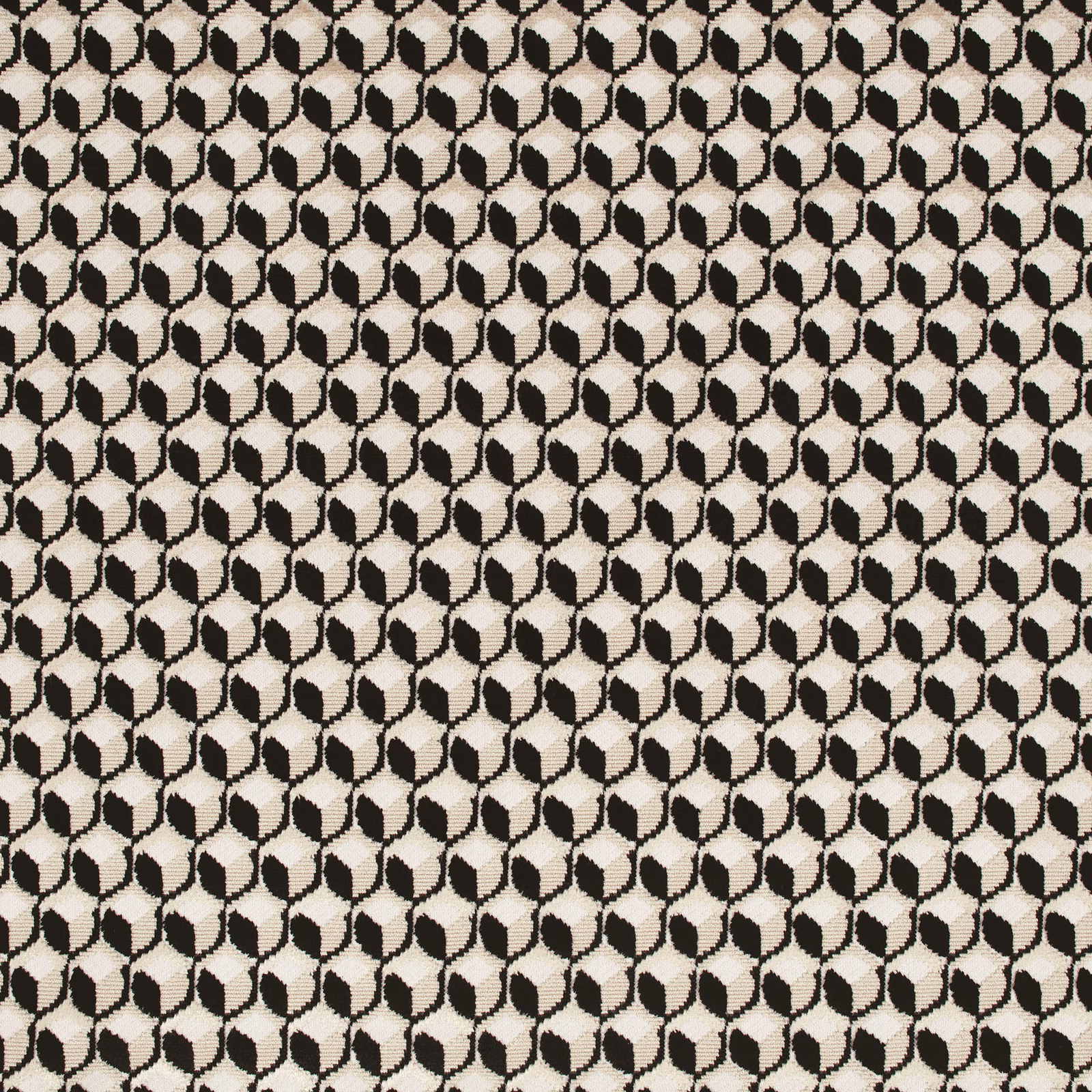 Close view of black and ivory woven fabric with a small linked geometric motif