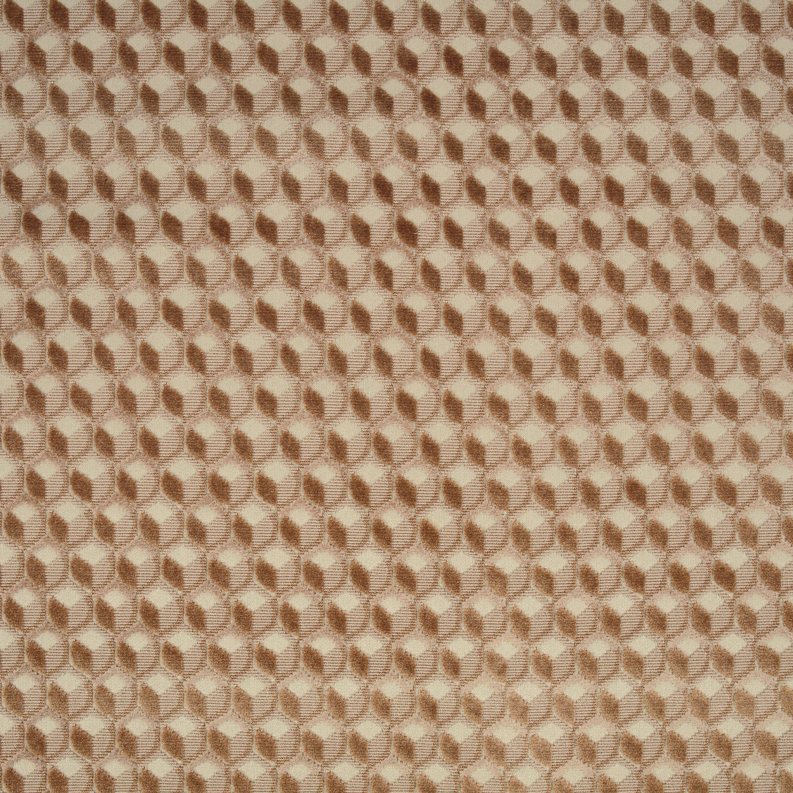 Warm pink-apricot woven fabric with small cream and taupe geometric lozenge motifs