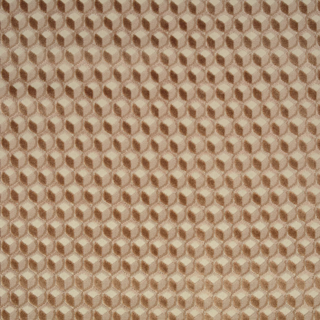 Warm pink-apricot woven fabric with small cream and taupe geometric lozenge motifs