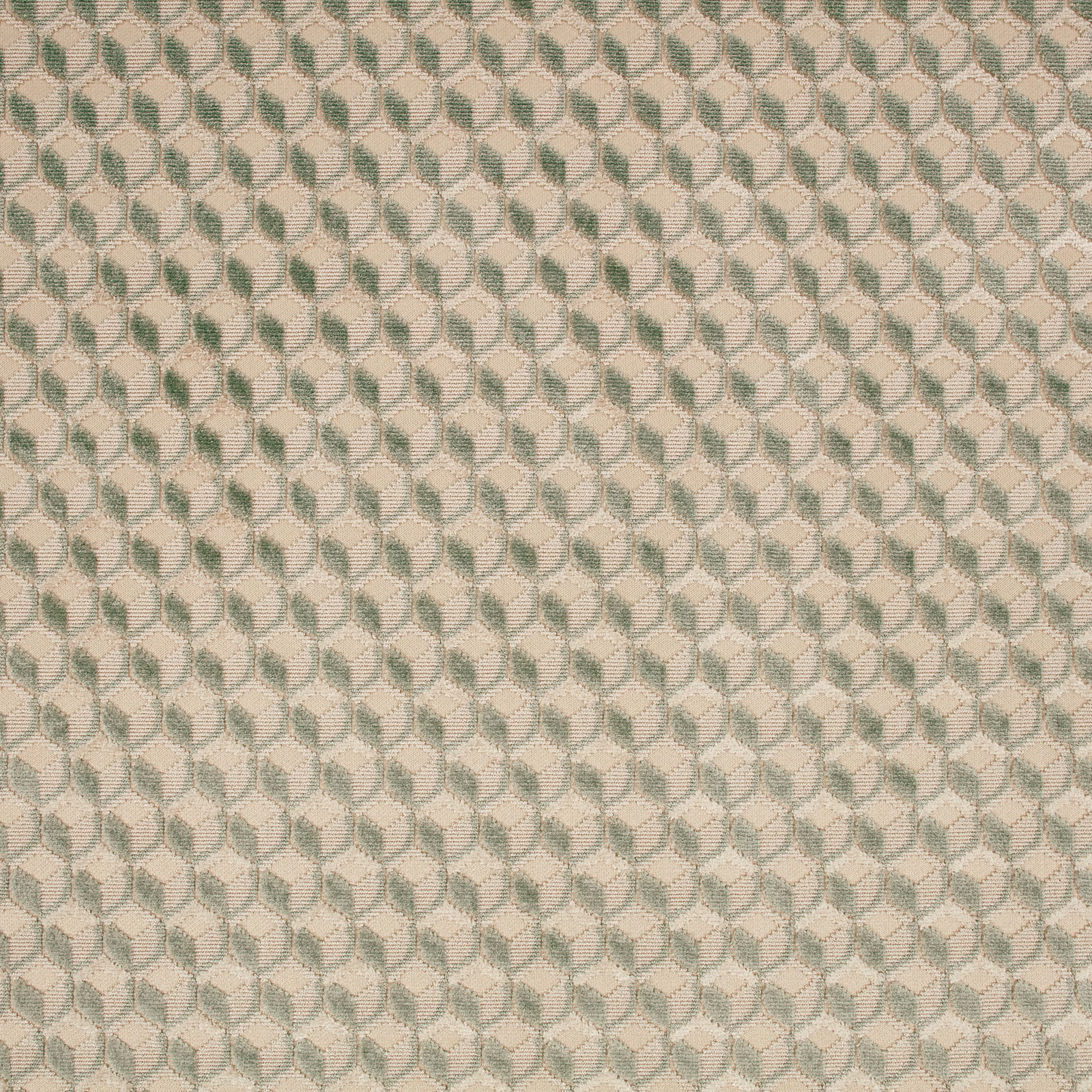 Pale pistachio and ivory woven fabric with a small linked geometric motif