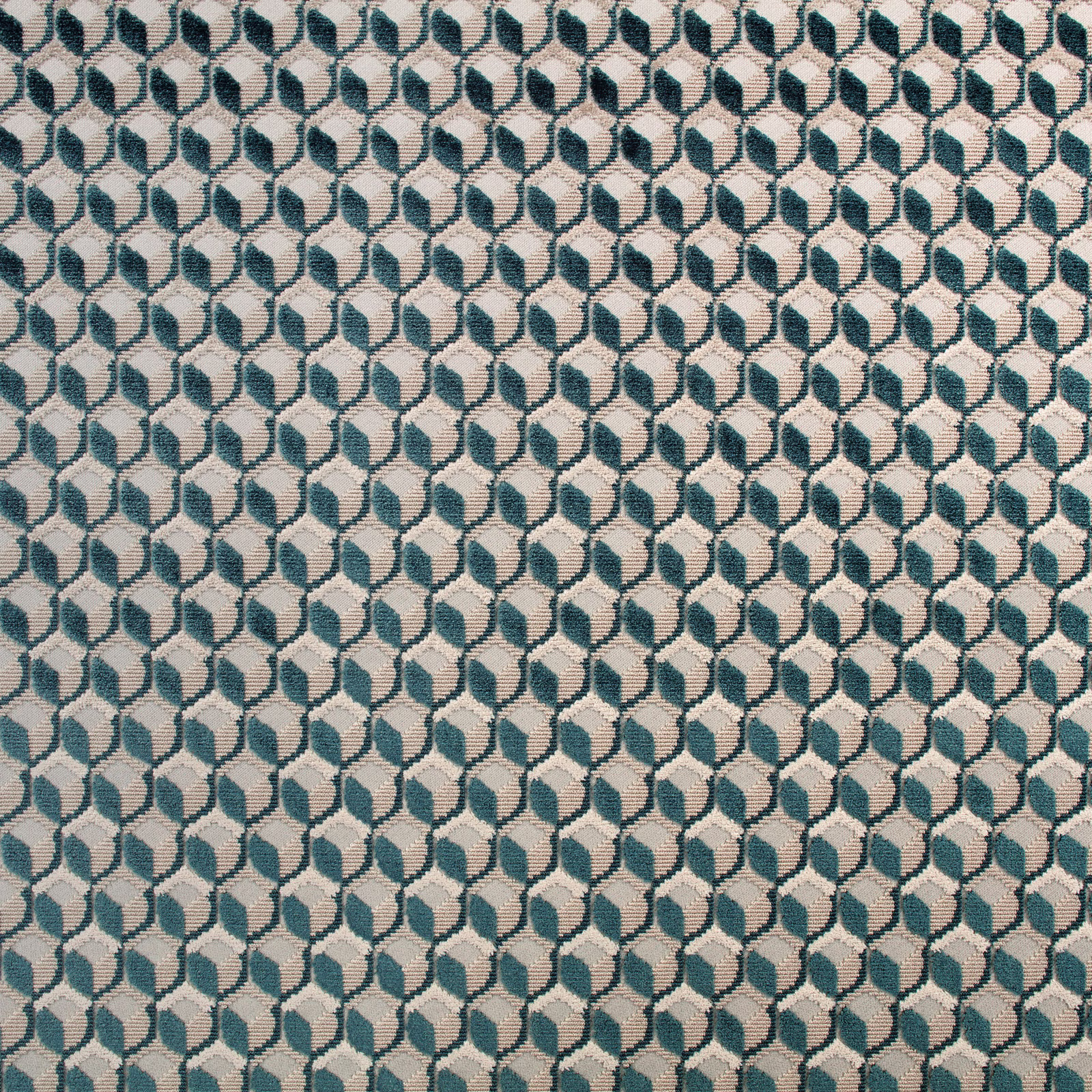 Seafoam teal and ivory woven fabric with small charcoal linked geometric motifs