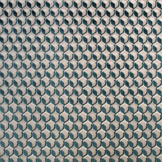 Seafoam teal and ivory woven fabric with small charcoal linked geometric motifs