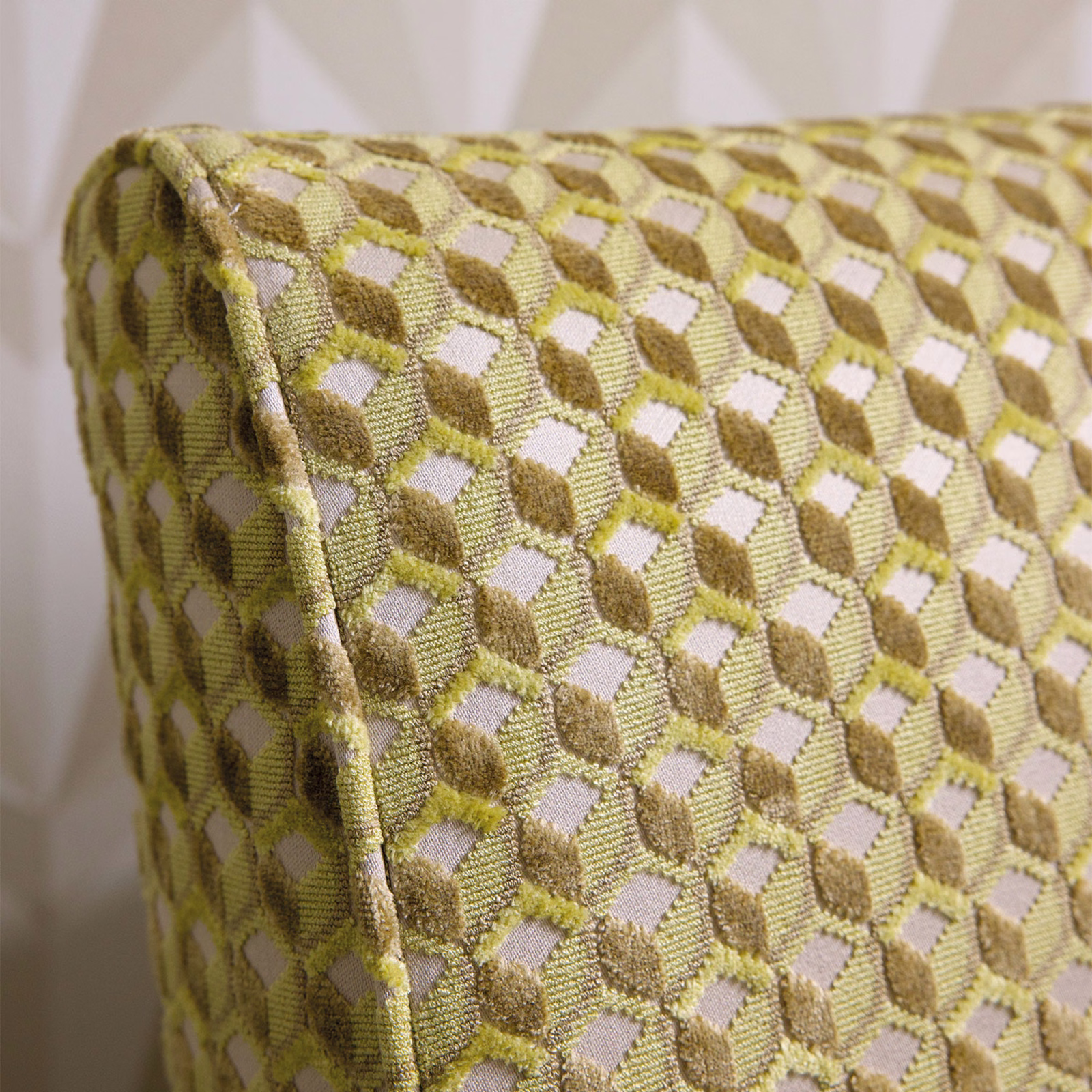 Chartreuse and olive looped geometric upholstery weave with pale lilac openings