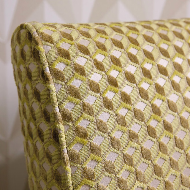 Chartreuse and olive looped geometric upholstery weave with pale lilac openings