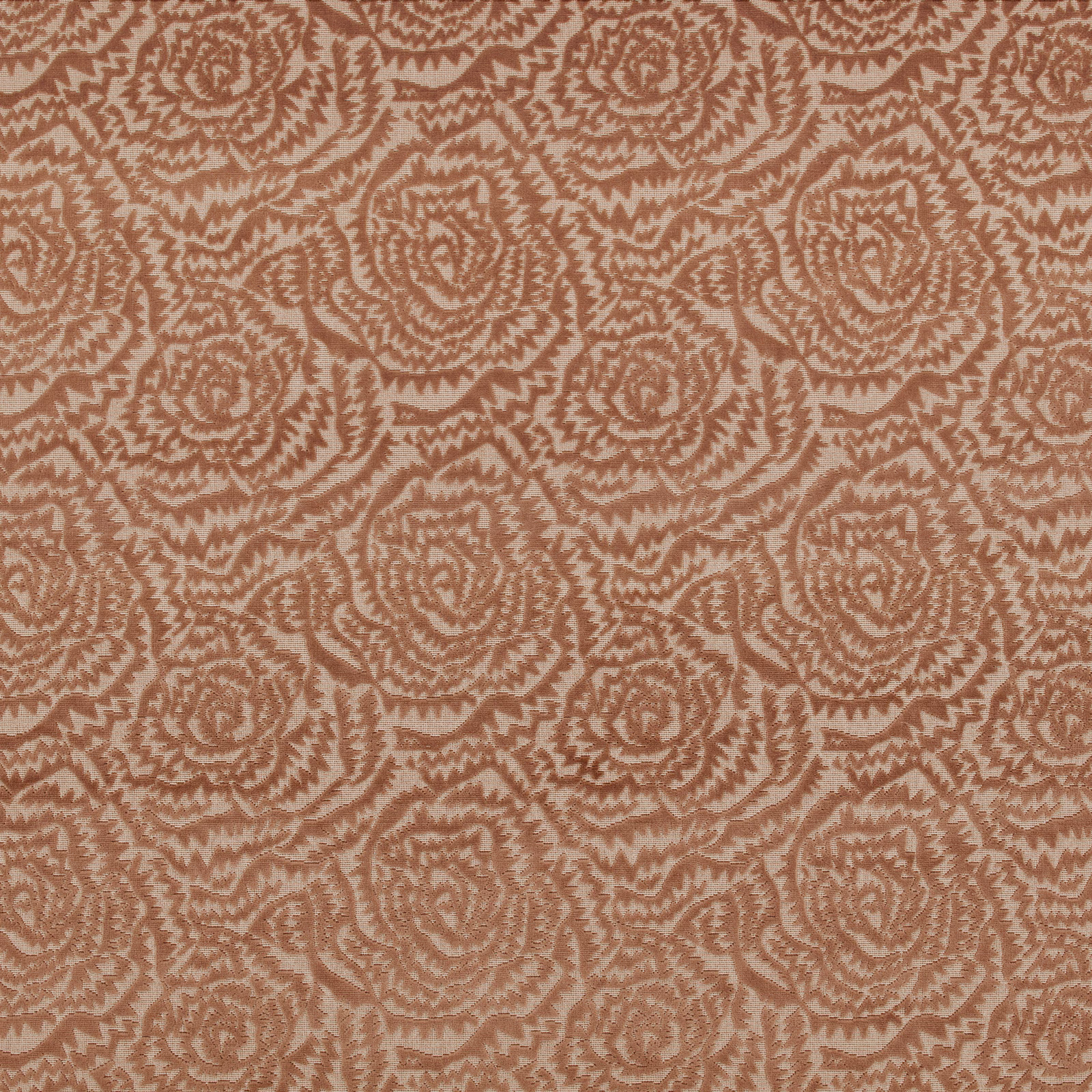 Terracotta jagged rose motifs across a blush-beige textured fabric ground