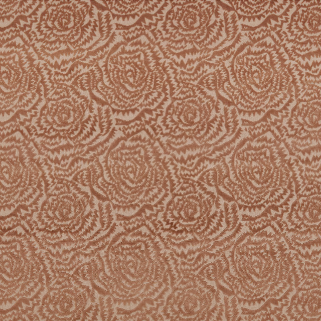 Terracotta jagged rose motifs across a blush-beige textured fabric ground