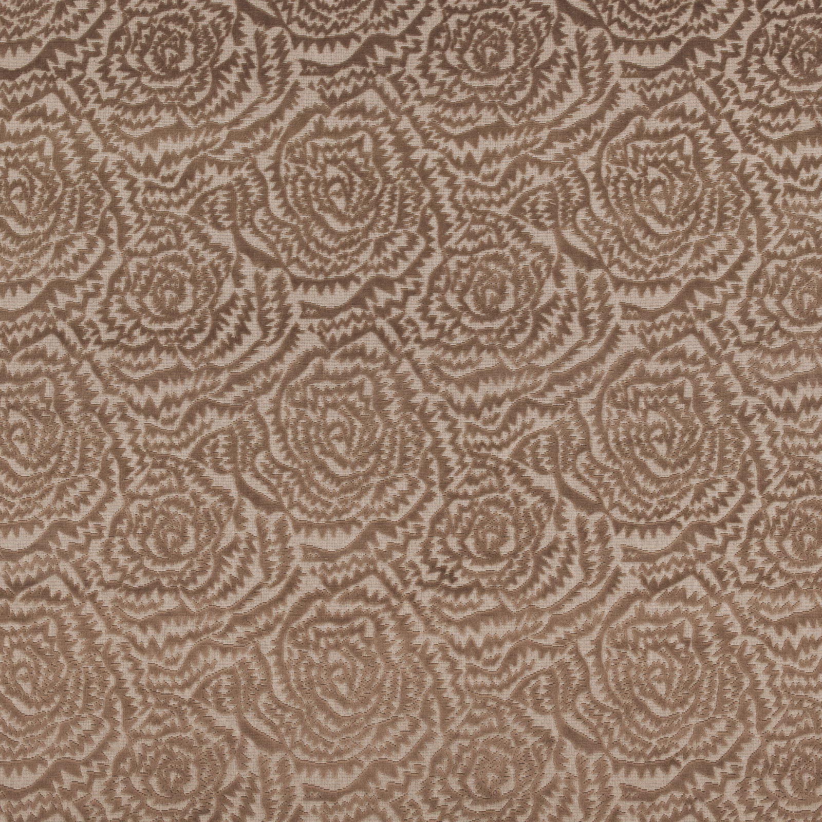 Warm taupe fabric with densely repeated jagged brown rose motifs and textured surface