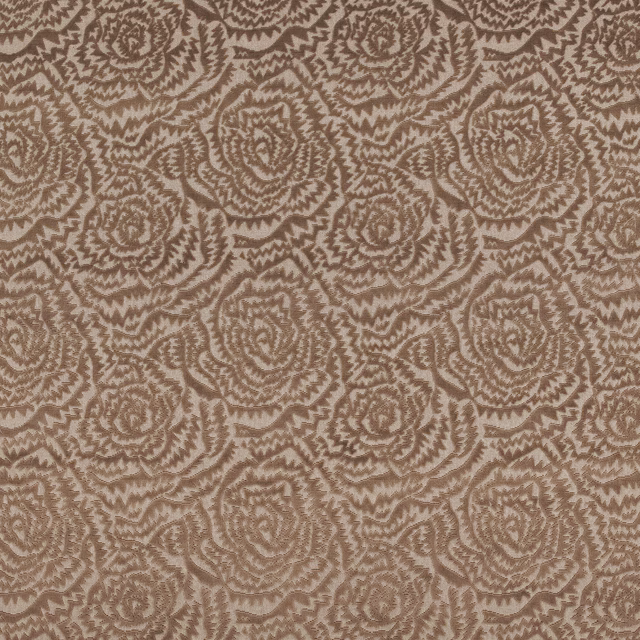 Warm taupe fabric with densely repeated jagged brown rose motifs and textured surface