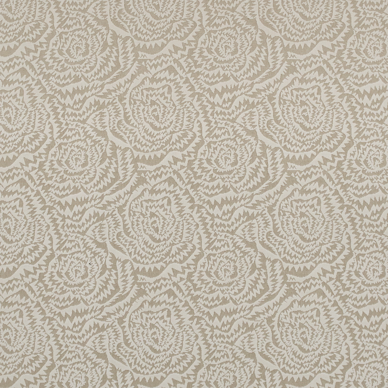 Pale porcelain fabric with taupe-grey jagged rose rosettes in a textured repeat