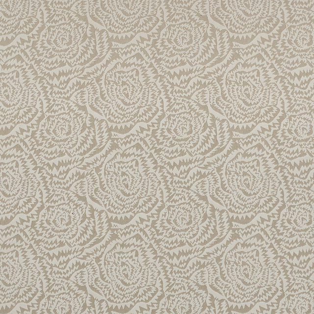 Pale porcelain fabric with taupe-grey jagged rose rosettes in a textured repeat