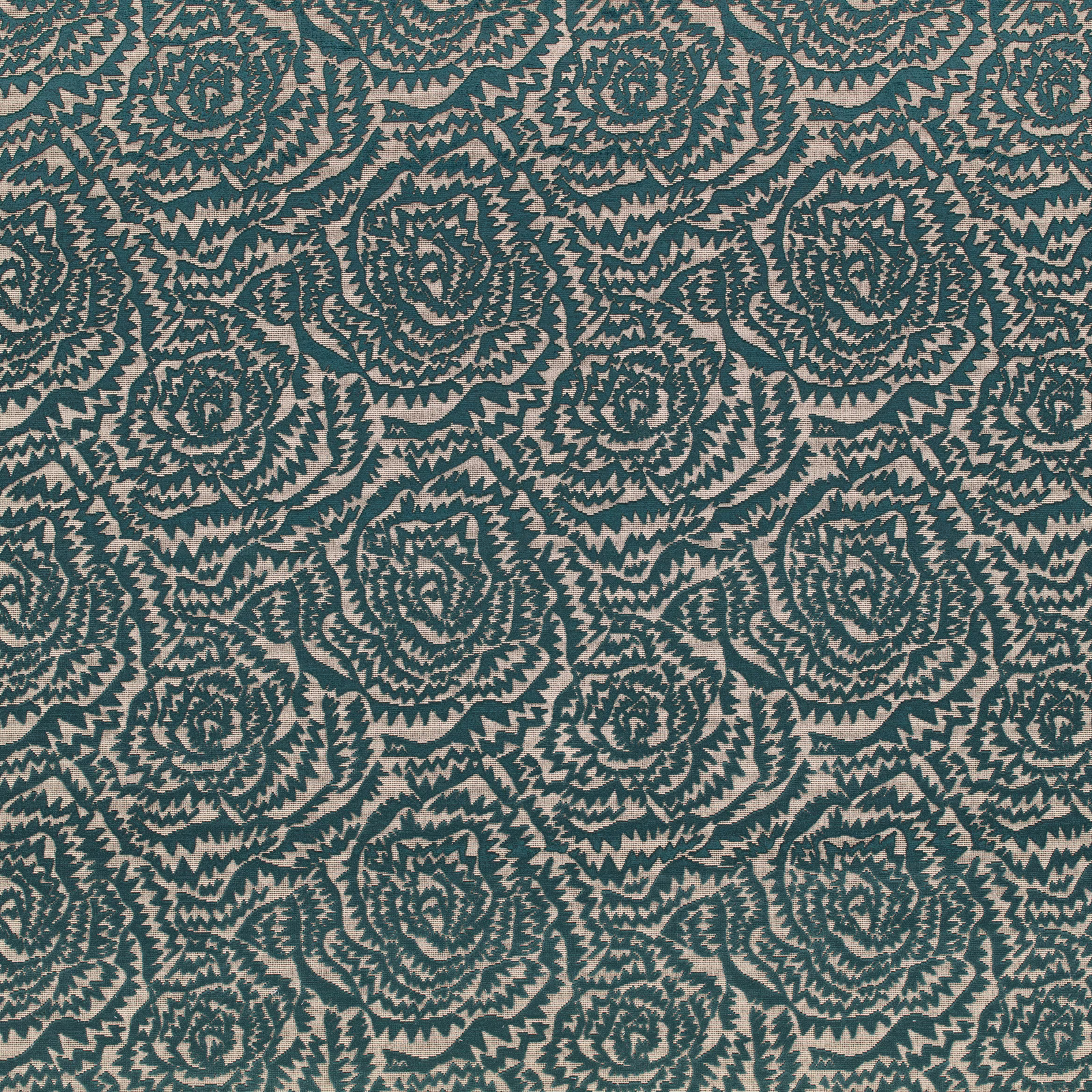 Seafoam woven fabric with repeating dark teal jagged roses and serrated floral outlines