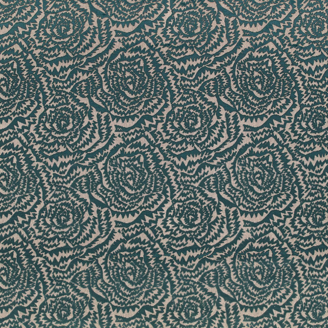 Seafoam woven fabric with repeating dark teal jagged roses and serrated floral outlines