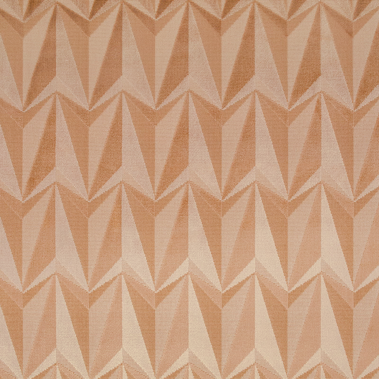 Warm apricot woven fabric with blush-pink and ivory angular rocket motifs